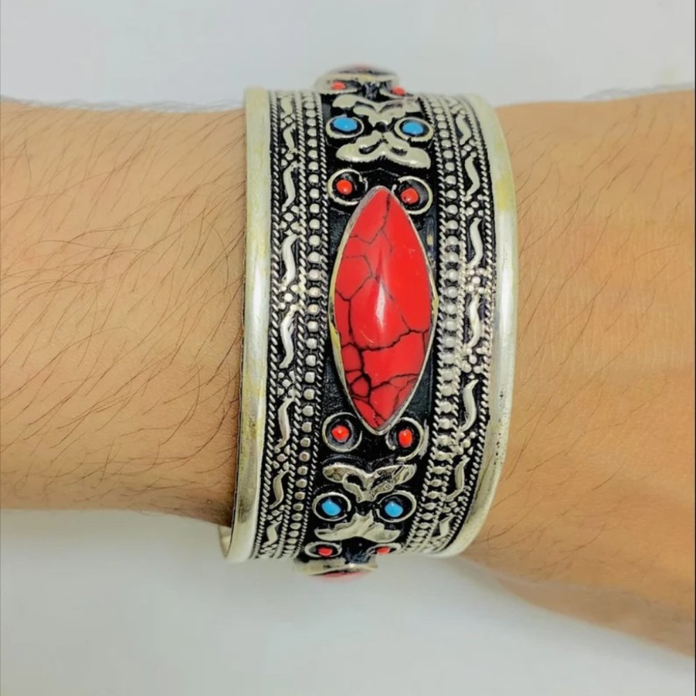 Single Kuchi Tribal Cuff Bracelet: Red Stone Boho Jewelry